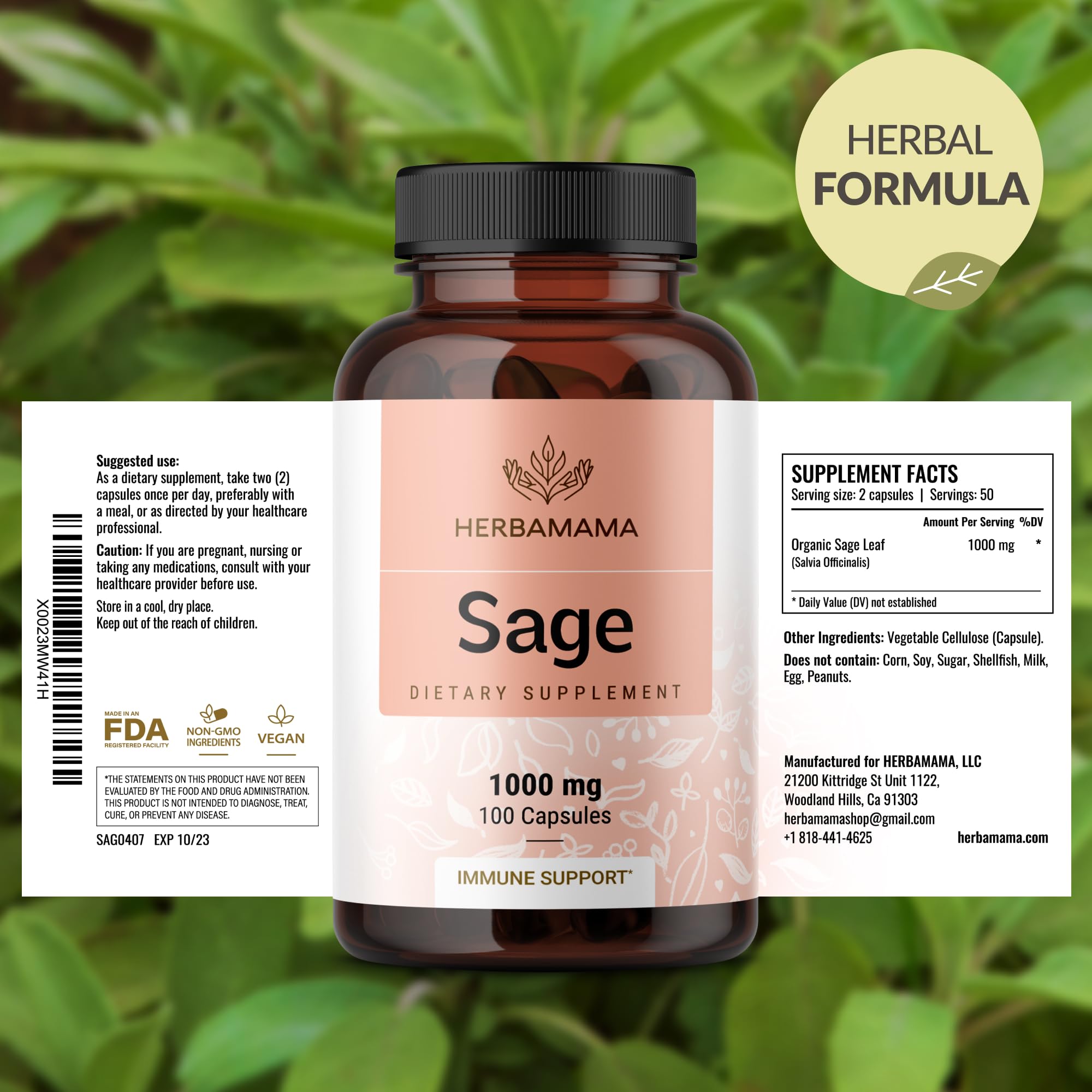 HERBAMAMA Sage capsules in vegetarian capsule highlight plant-based wellness