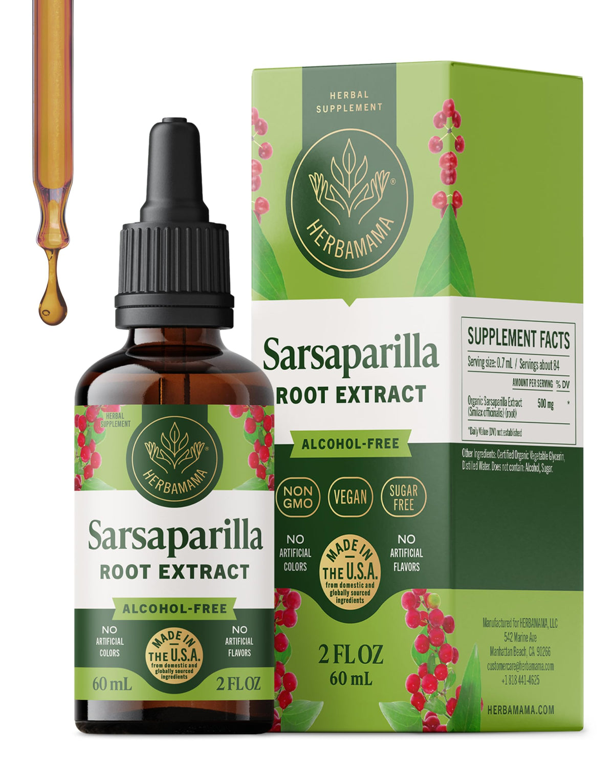 Herbamama Sarsaparilla bottle label highlights vegan formula for skin support.