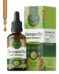 Herbamama Sarsaparilla bottle label highlights vegan formula for skin support.