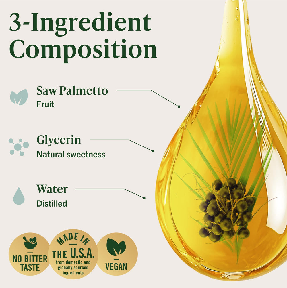 HERBAMAMA Saw Palmetto bottle beside ingredients shows clean three-ingredient formula.
