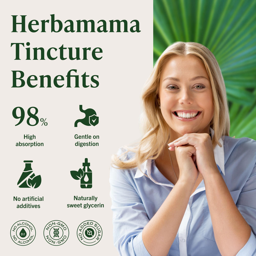 HERBAMAMA Saw Palmetto tincture on the counter conveys alcohol- and sugar-free lifestyle.