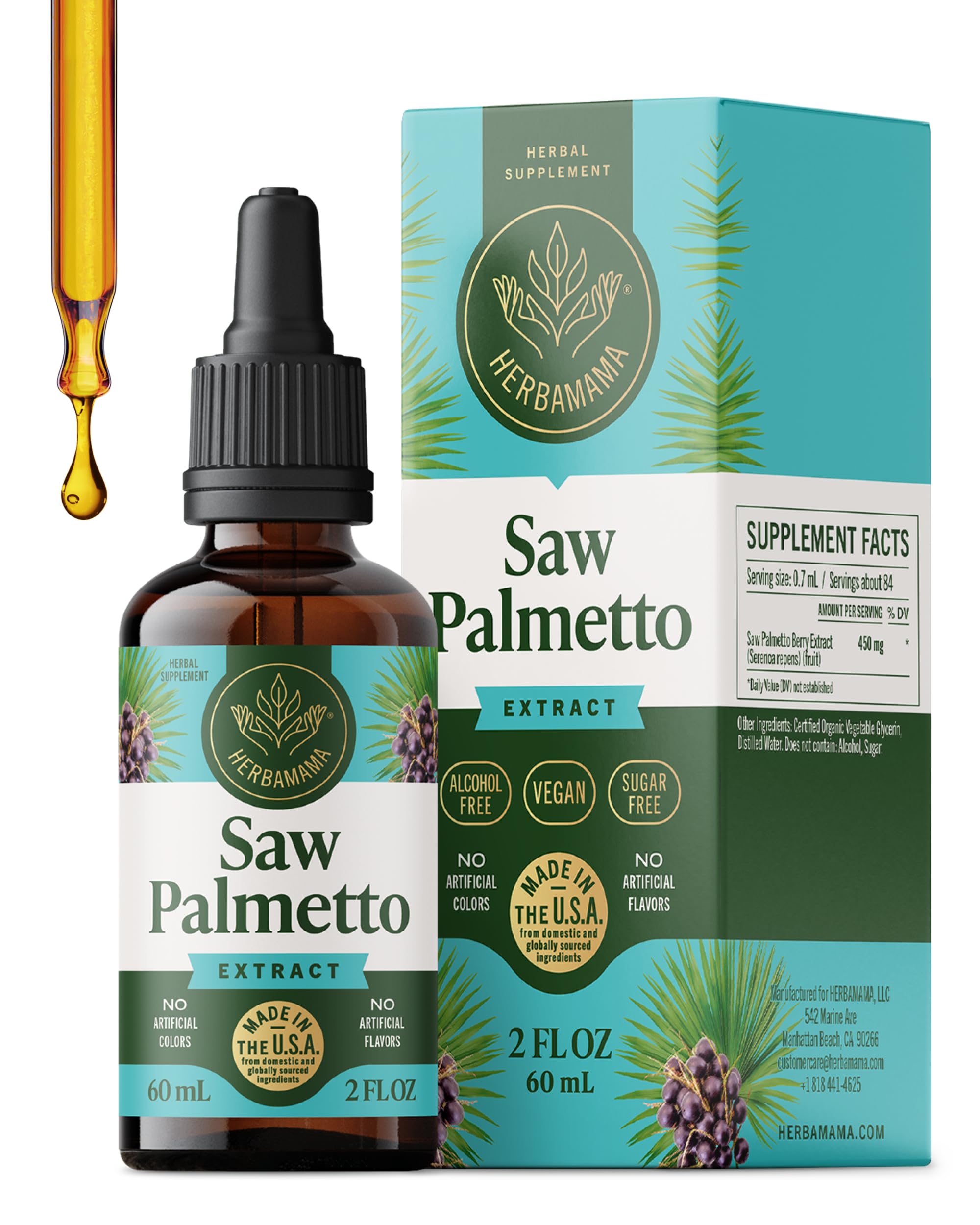 HERBAMAMA Saw Palmetto tincture bottle label highlights vegan, non-GMO formula for urinary support.