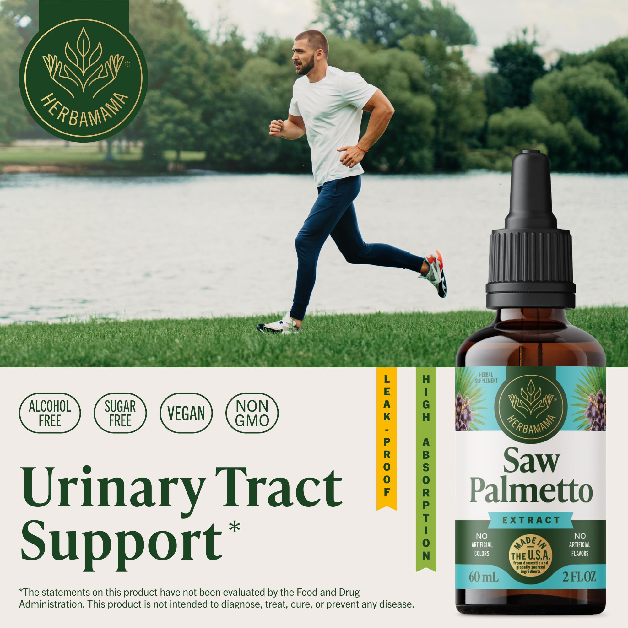 HERBAMAMA Saw Palmetto tincture dropper on a glass emphasizes simple daily use.