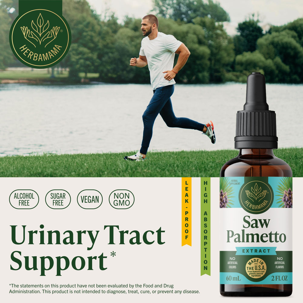 HERBAMAMA Saw Palmetto tincture dropper on a glass emphasizes simple daily use.