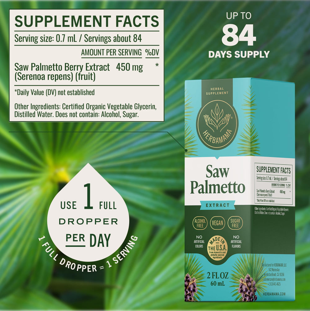 HERBAMAMA Saw Palmetto bottle being poured into a glass shows easy, sugar-free consumption.