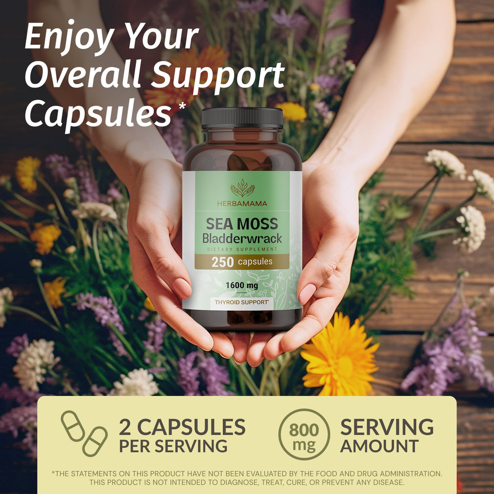 Herbamama sea moss capsules pouring into a glass for convenient daily use