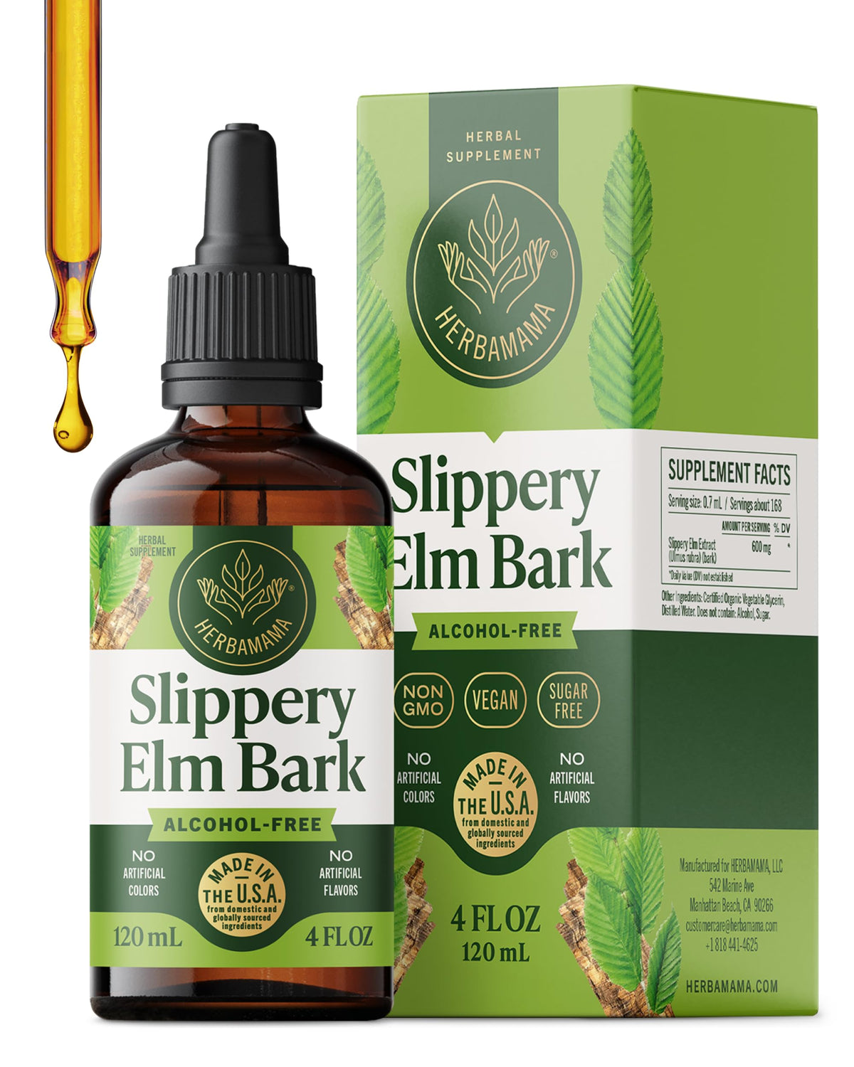 HERBAMAMA Slippery Elm drops bottle on table for daily wellness support