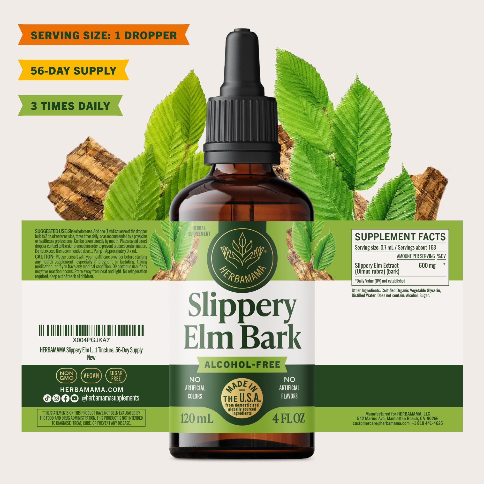 HERBAMAMA Slippery Elm drops three-ingredient formula with bottle and ingredients