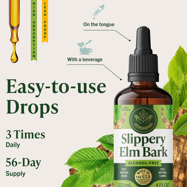 HERBAMAMA Slippery Elm drops vegan badge visible on bottle