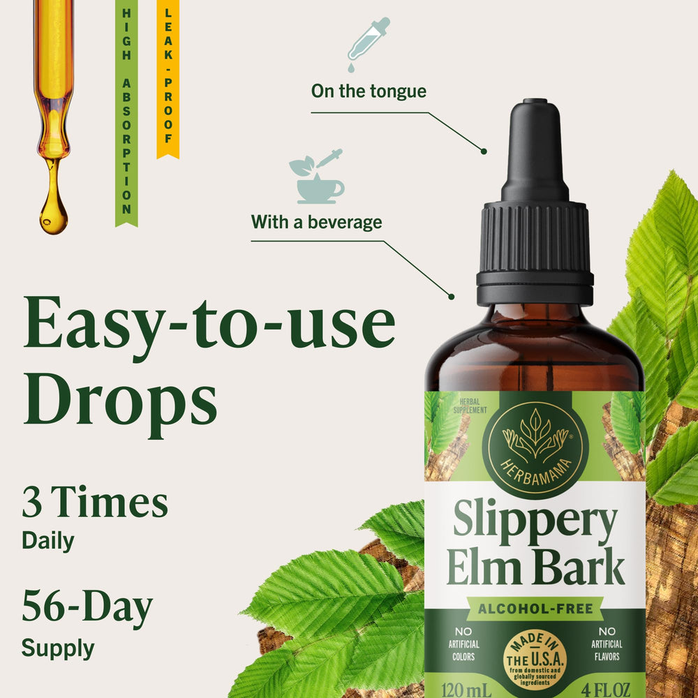 HERBAMAMA Slippery Elm drops vegan badge visible on bottle