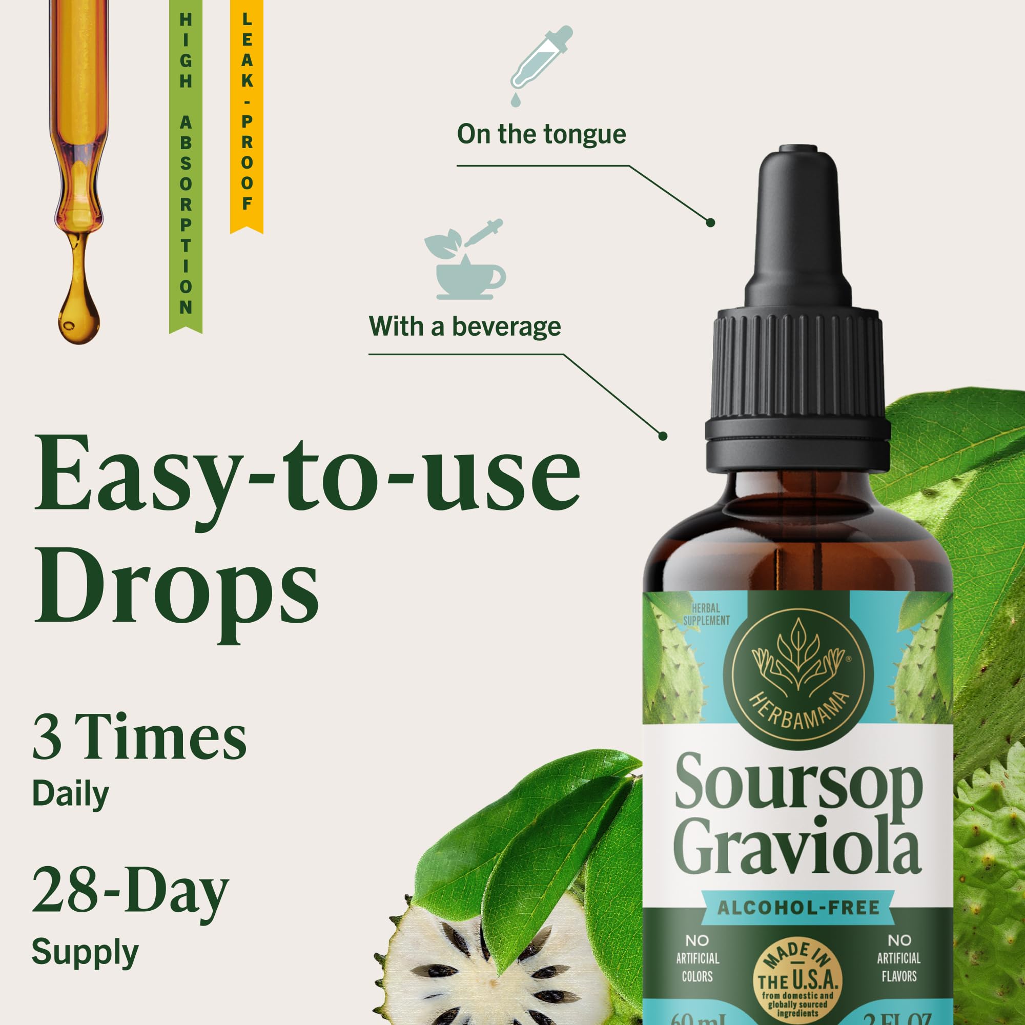HERBAMAMA Soursop Drops bottle highlighting antioxidant notes