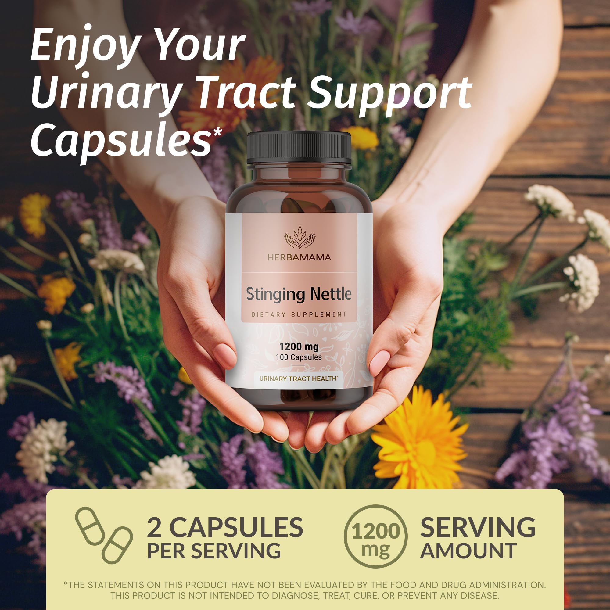 HERBAMAMA Stinging Nettle Capsules label highlighting vegan non-GMO formula.