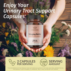 HERBAMAMA Stinging Nettle Capsules label highlighting vegan non-GMO formula.