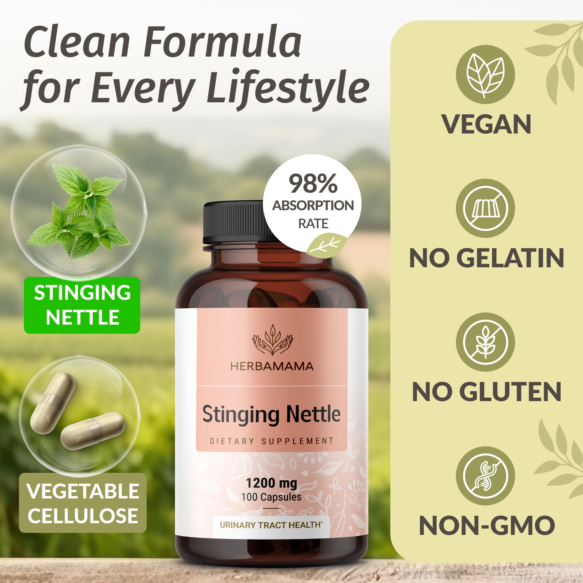 HERBAMAMA Stinging Nettle Capsules on-the-go packaging for easy daily use.
