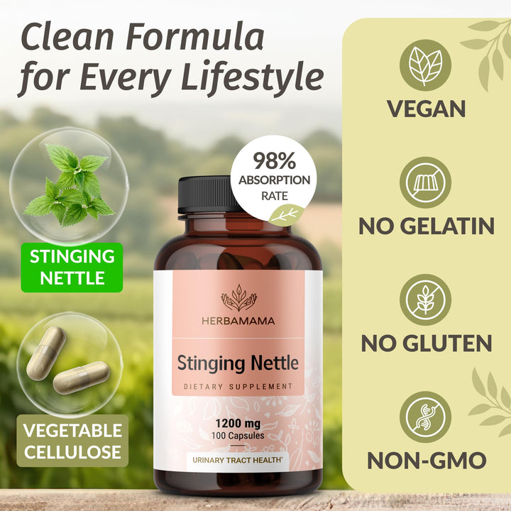 HERBAMAMA Stinging Nettle Capsules on-the-go packaging for easy daily use.