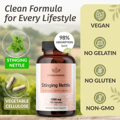 HERBAMAMA Stinging Nettle Capsules on-the-go packaging for easy daily use.