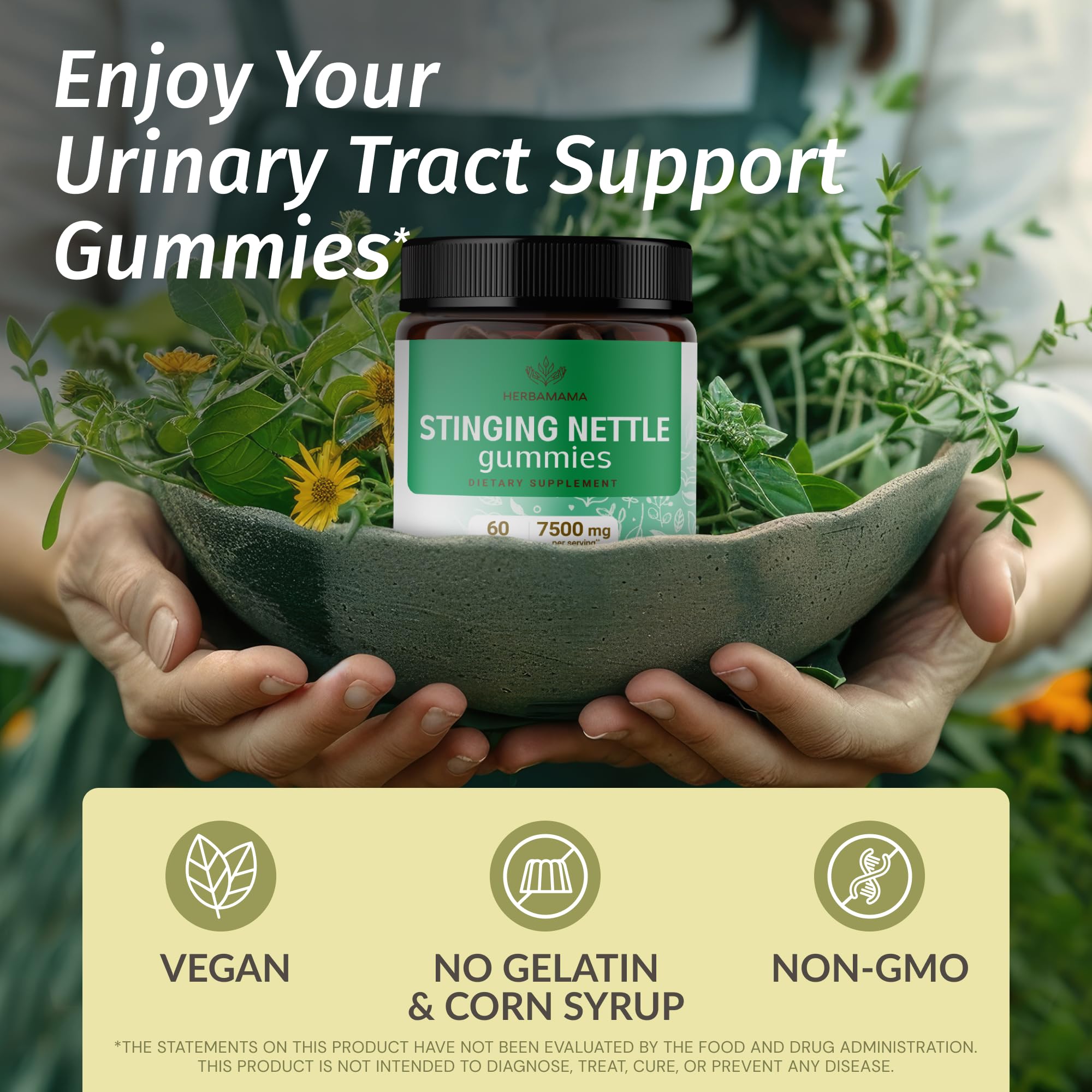 HERBAMAMA Stinging Nettle Gummies apple-flavor close-up emphasizes soft texture for easy chewing