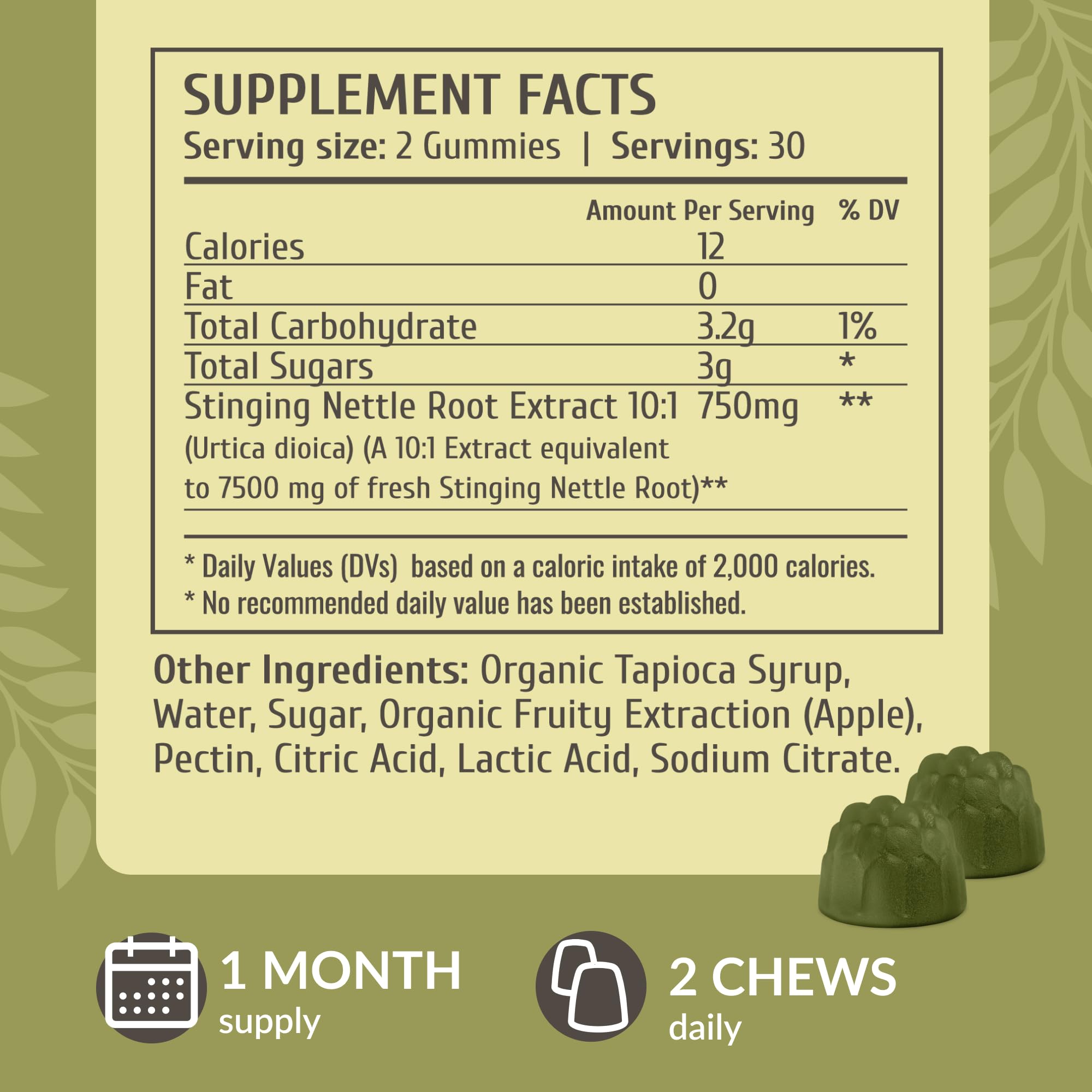 Close-up of HERBAMAMA nettle gummies highlighting smooth, easy-to-chew texture