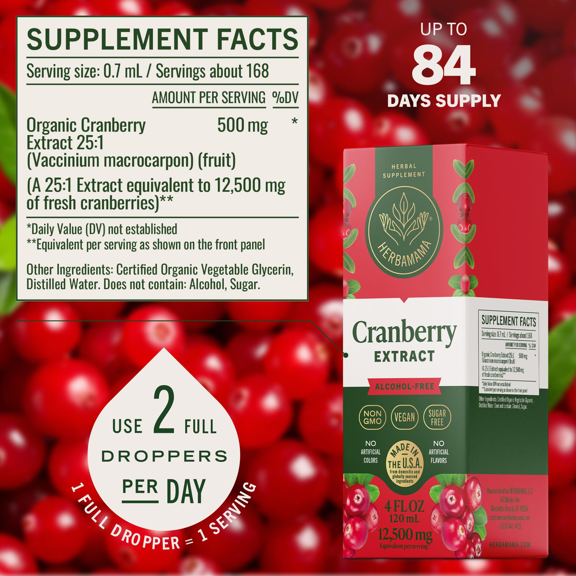 Herbamama label highlights a simple three-ingredient vegan cranberry formula.