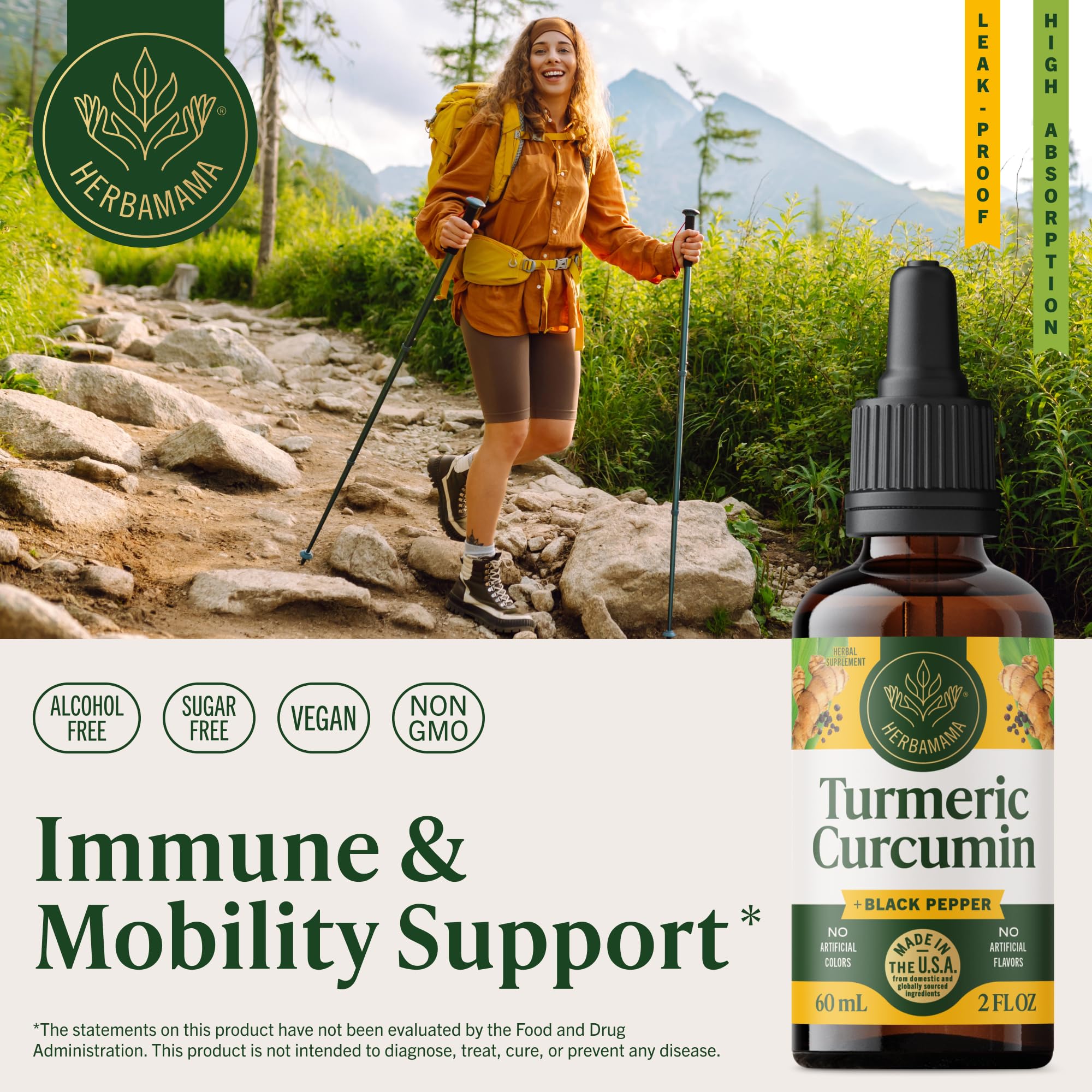 HERBAMAMA Turmeric Drops with black pepper extract highlights enhanced absorption potential.