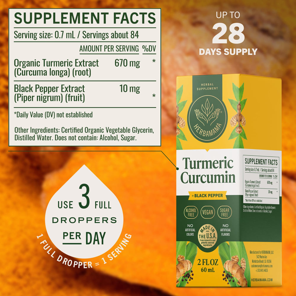 HERBAMAMA Turmeric Drops dropper-use demonstrates easy dosing for convenient daily routine.