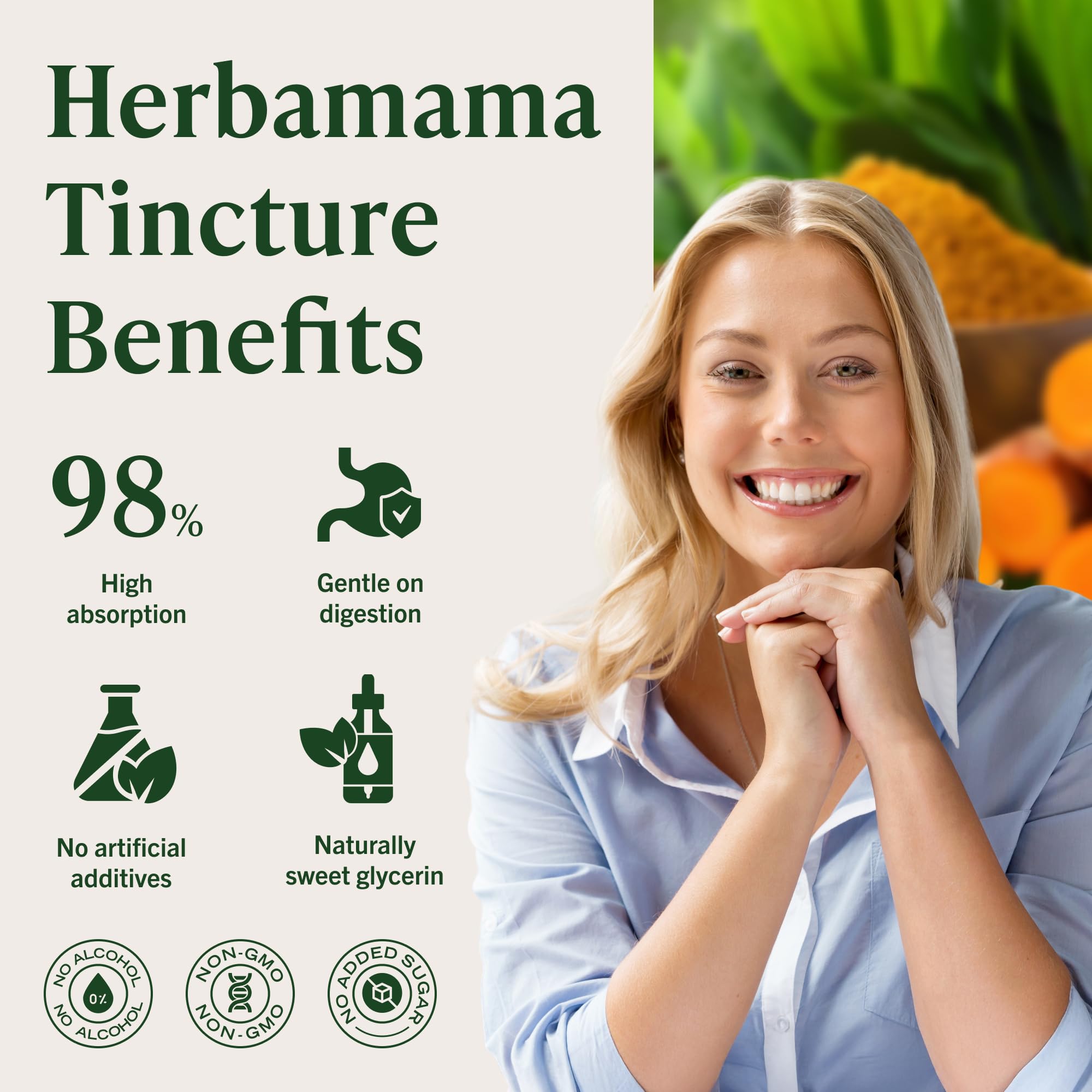 HERBAMAMA Drops ingredient panel highlights turmeric, black pepper, glycerin, and water.