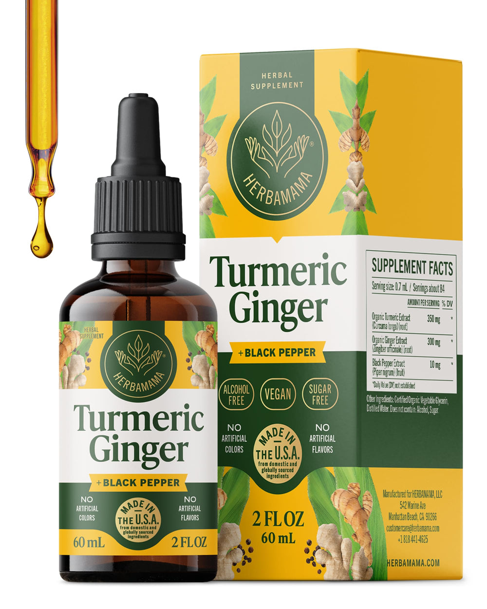 Herbamama Turmeric Ginger Drops bottle for daily immune support.
