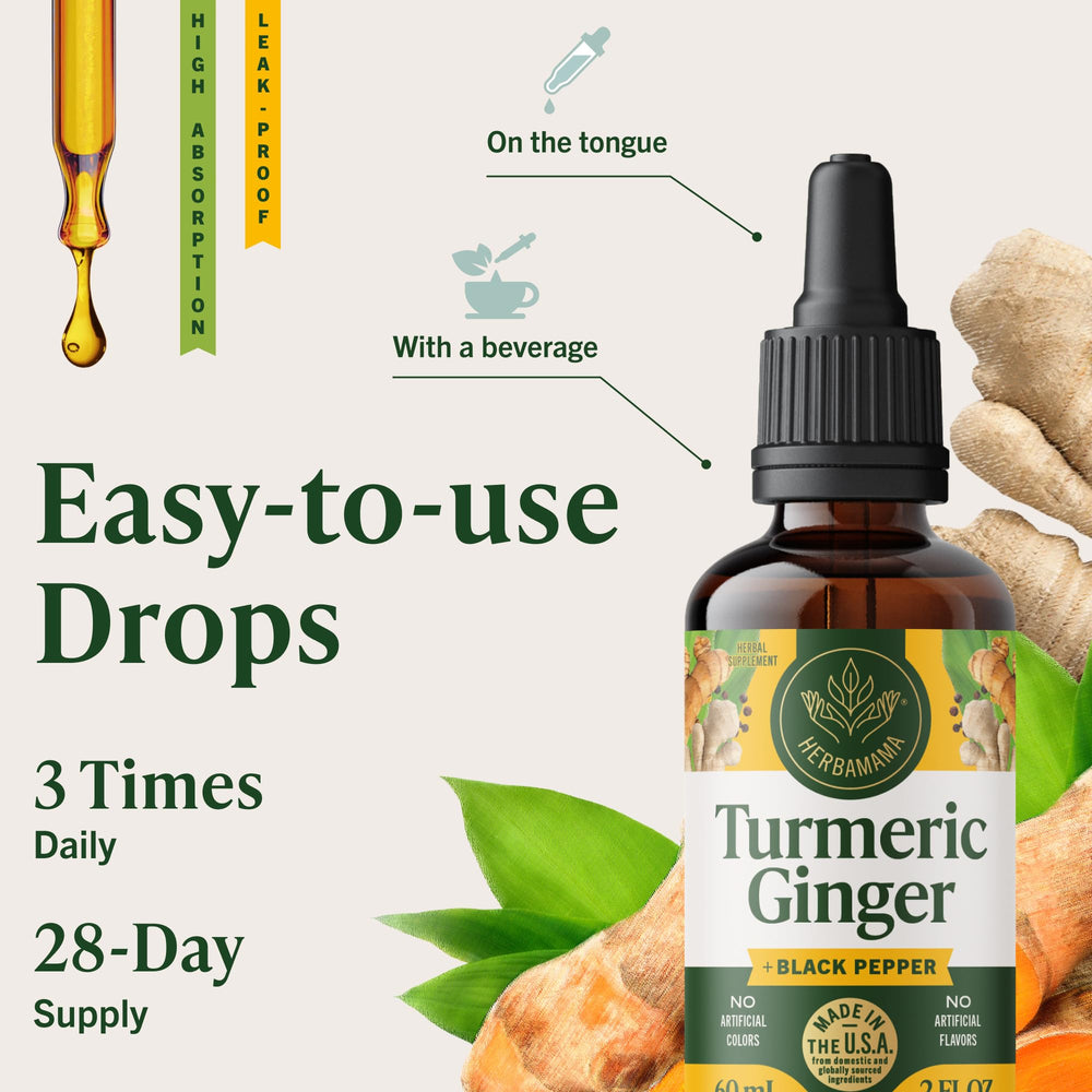 Herbamama Turmeric Ginger Drops glass showcases liquid infusion.