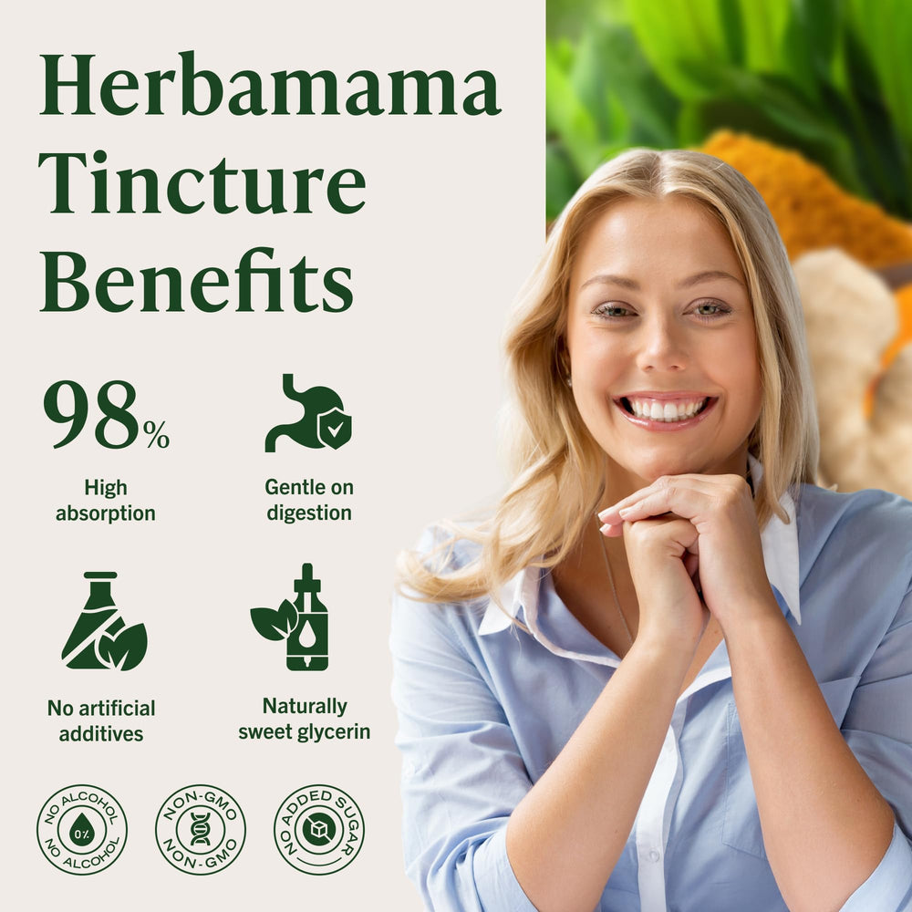 Herbamama Turmeric Ginger Drops ingredients show plant-based formula.