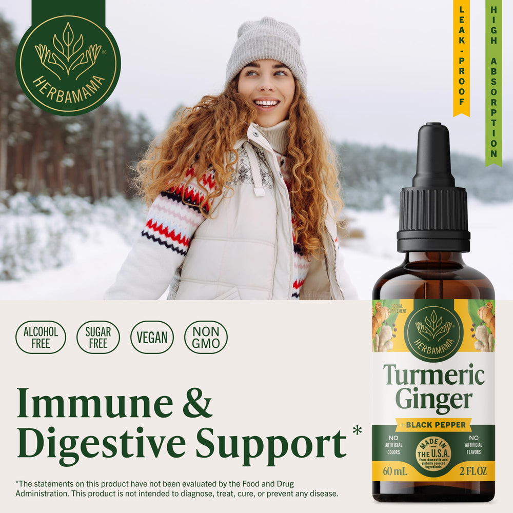 Herbamama Turmeric Ginger Drops pour shows quick-use format.