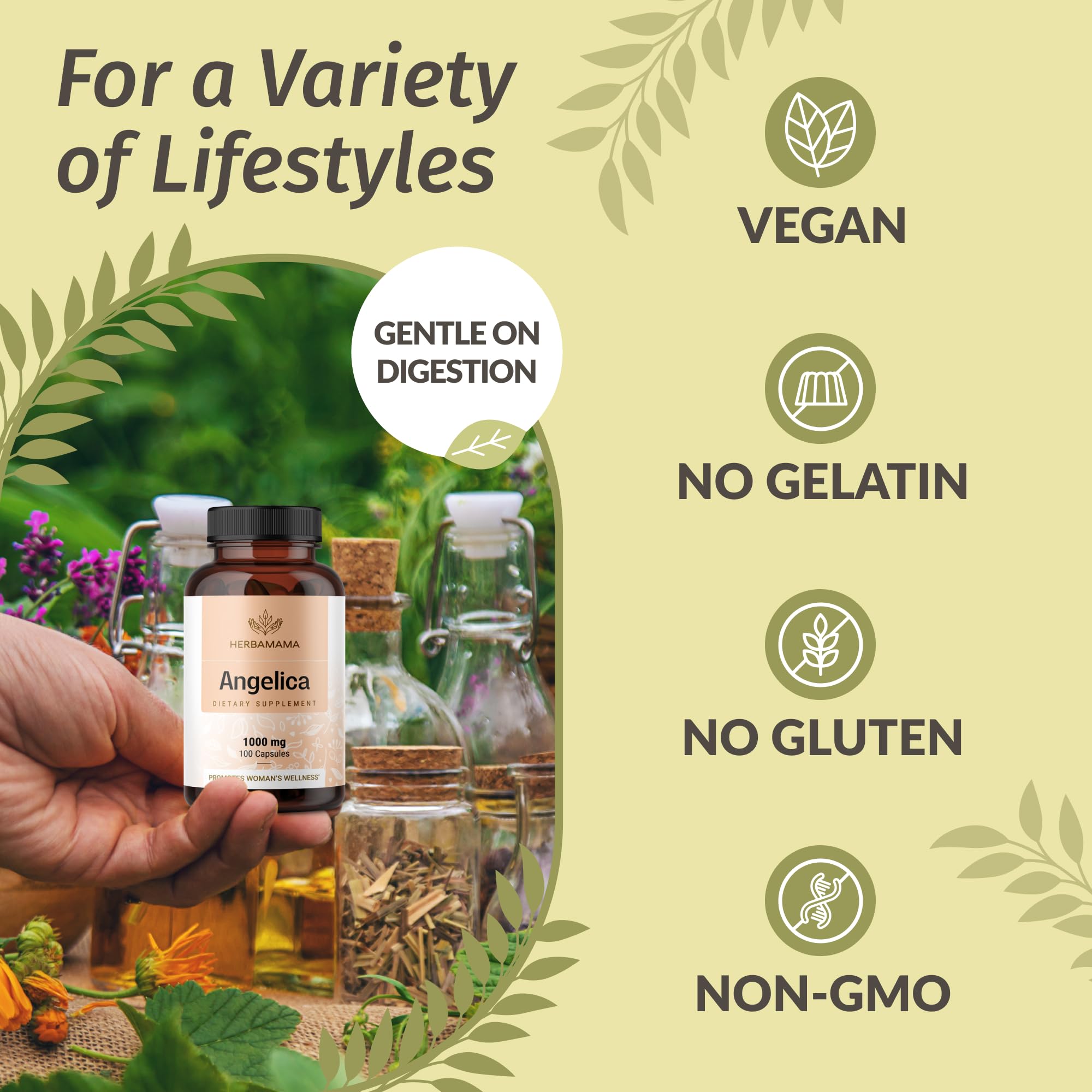 HERBAMAMA vegan non-GMO label on packaging communicates clean, plant-based roots.