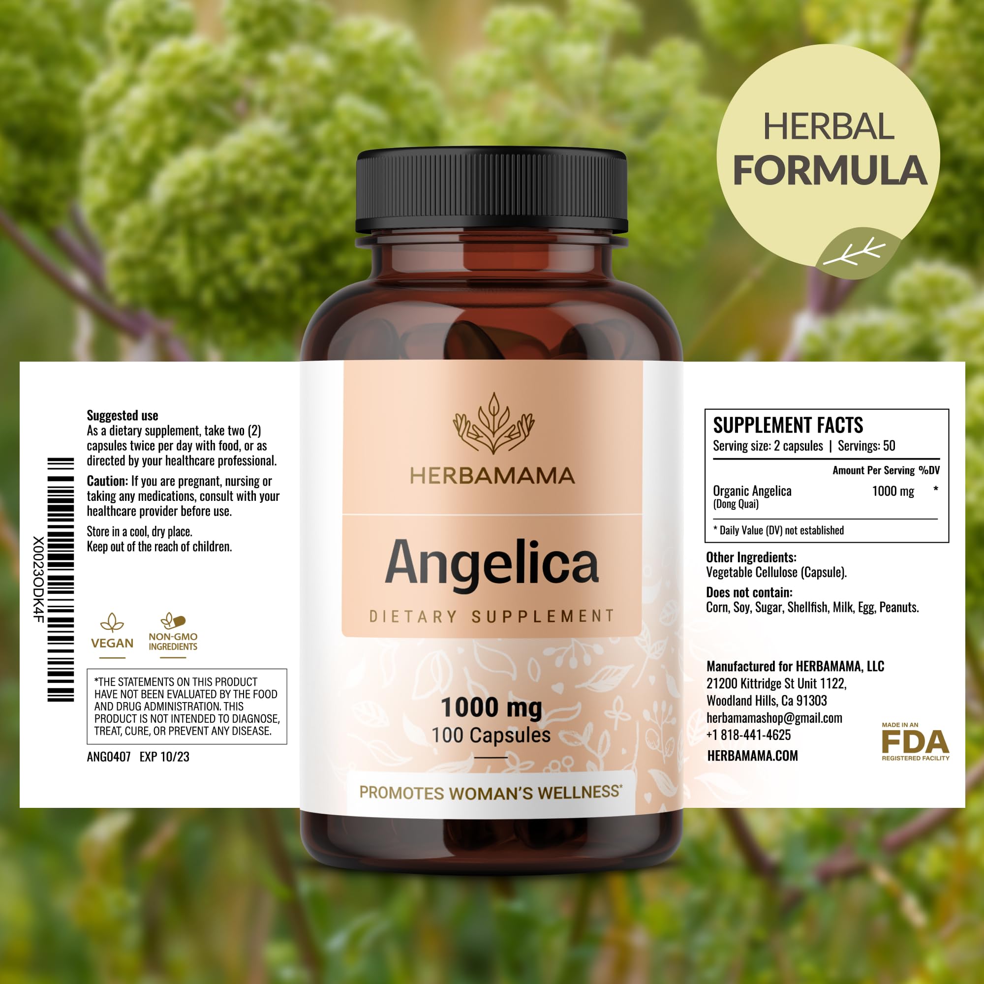 HERBAMAMA wellness routine scene with capsules and glass of water.
