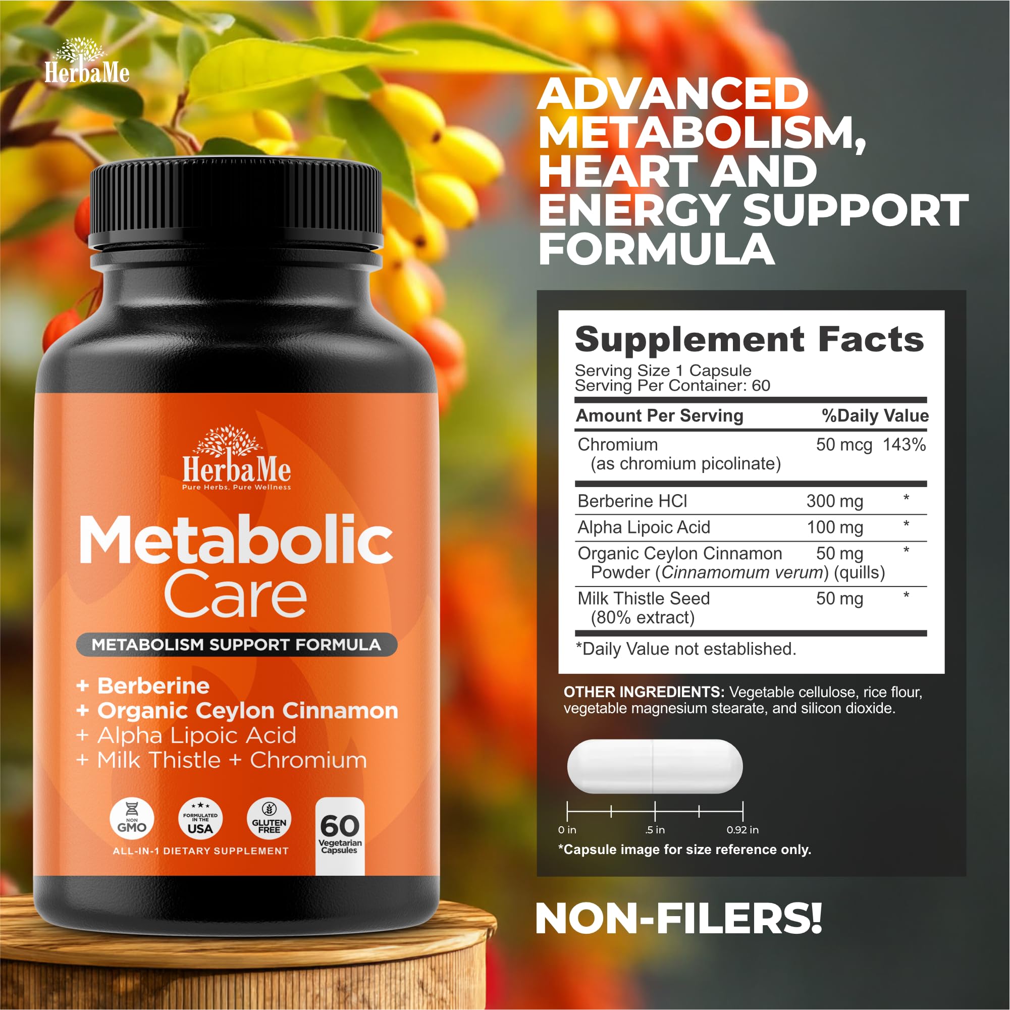HerbaMe capsules close-up showing berberine and alpha-lipoic acid for energy support.