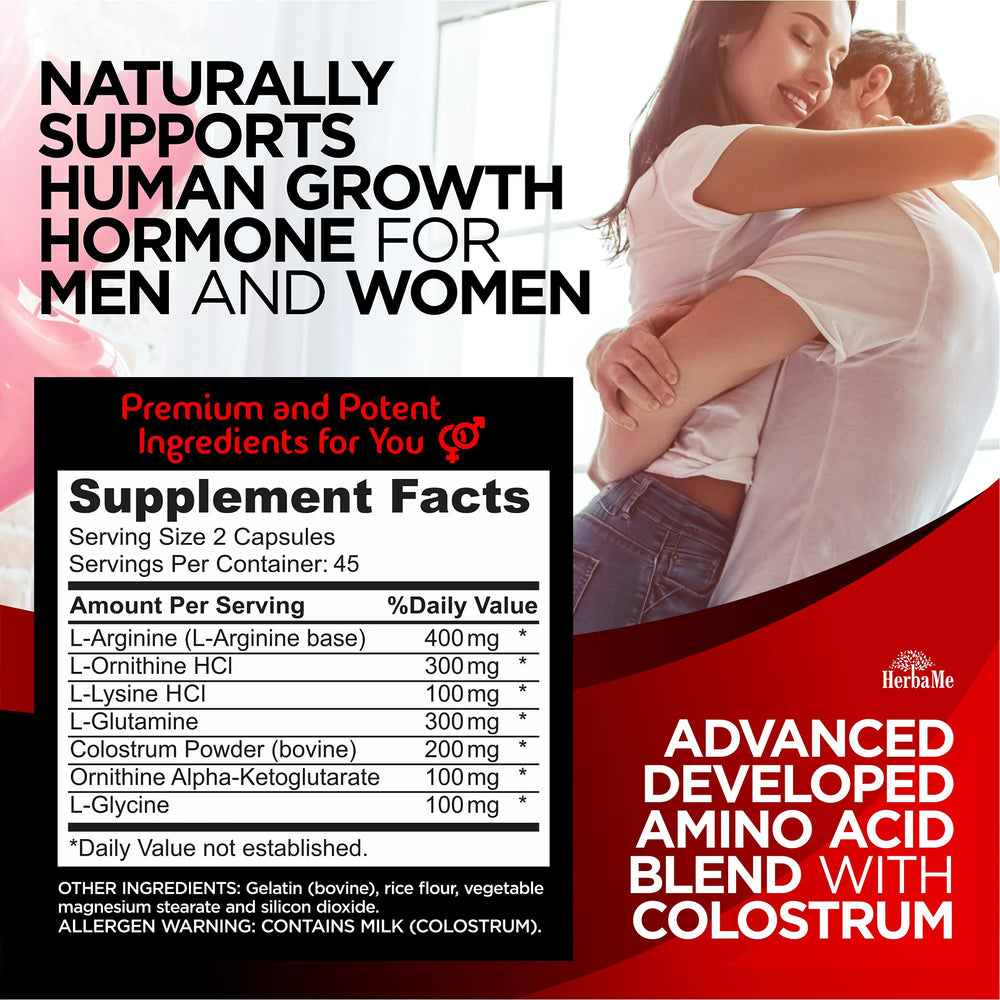 Ingredients label highlighting amino acids and colostrum in the HerbaMe formula.