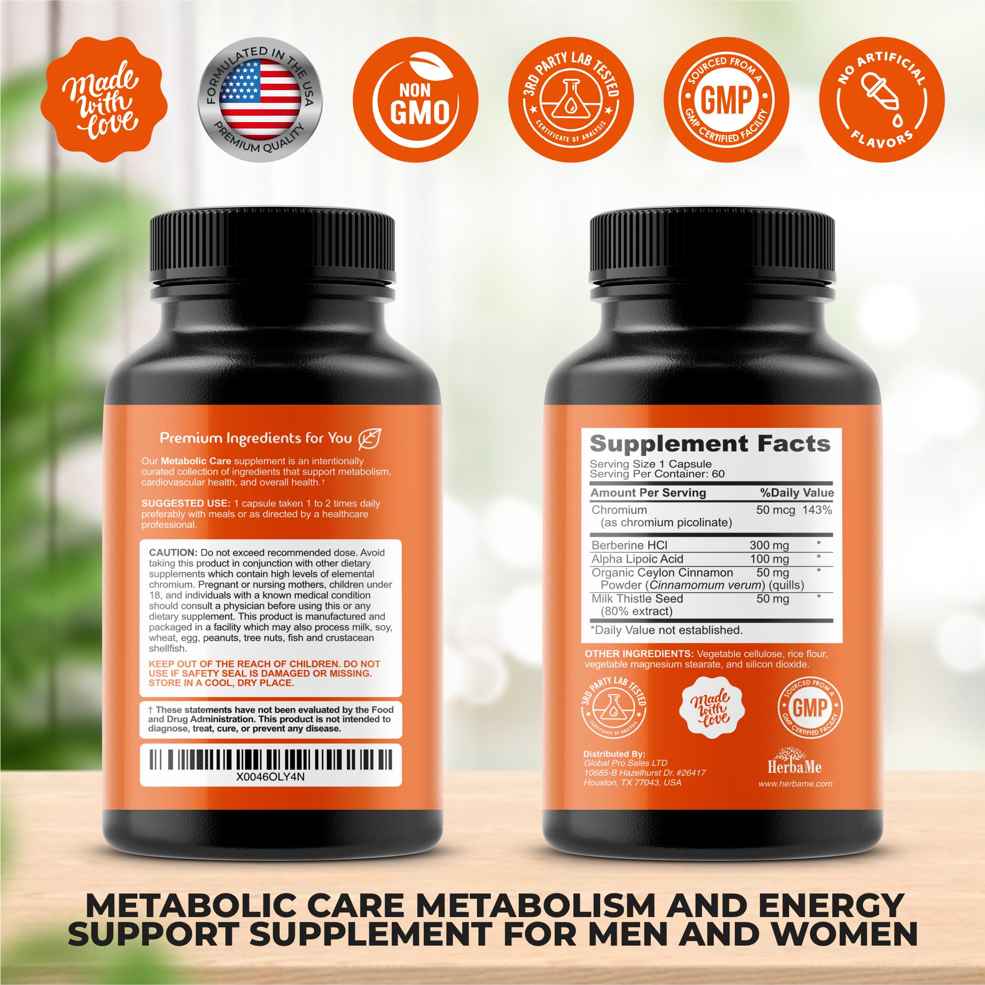 HerbaMe label highlights purity and GMP testing for safe daily use.