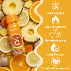 Herbana Immunity Shot orange-pineapple-lemon blend showcasing vitamin C flavor benefits