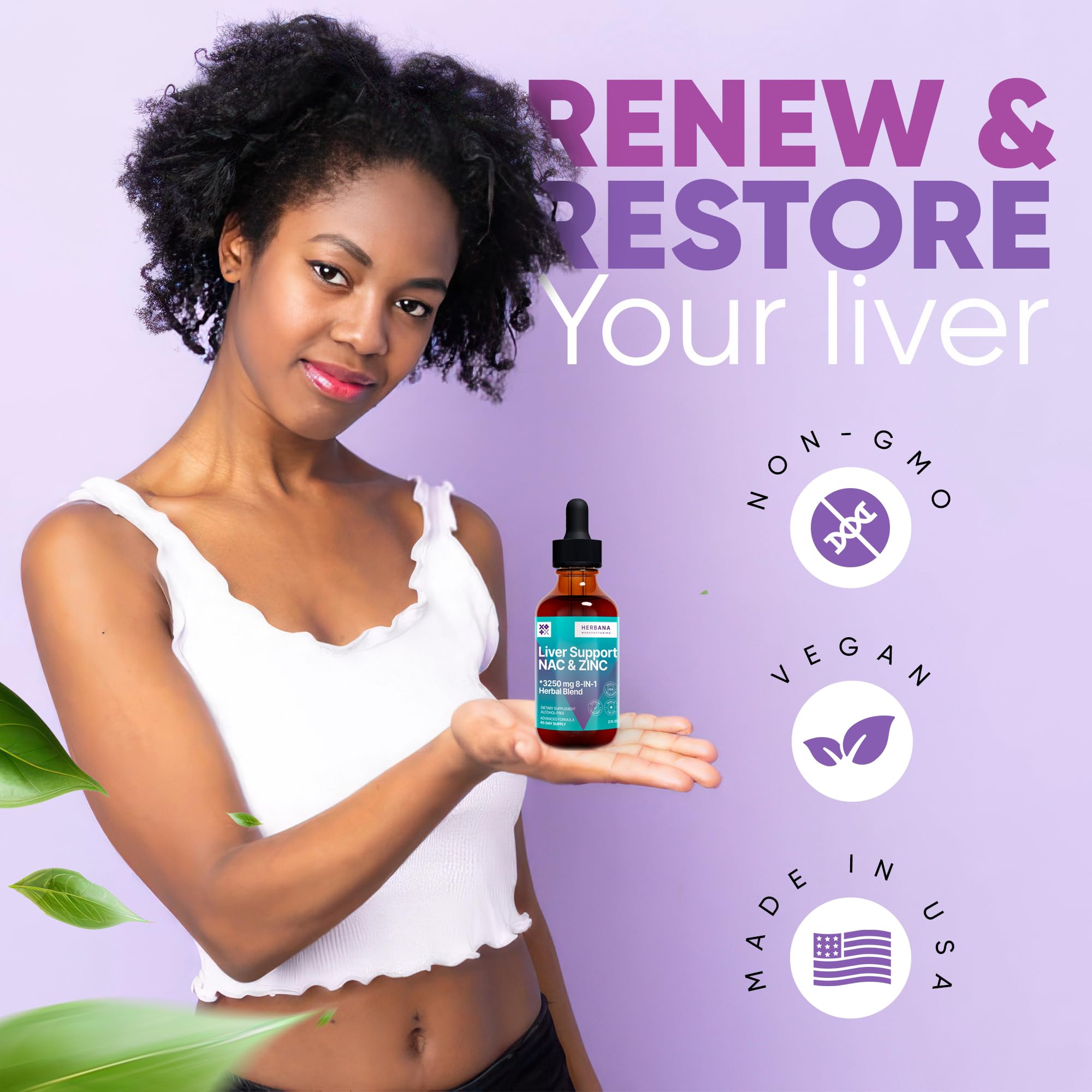 Herbana Liver Support drops dropper close-up, highlights fast absorption.