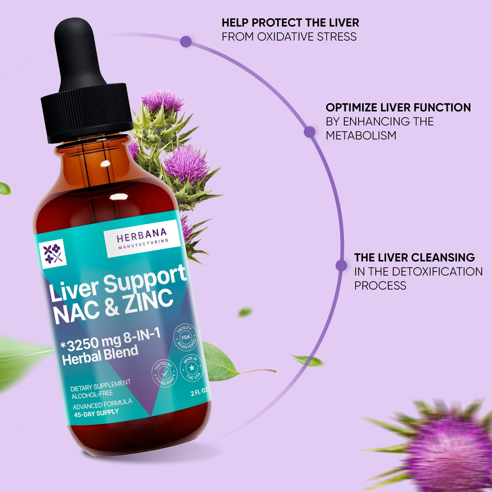Herbana Liver Support bottle label shown, reflects premium USA-made quality.