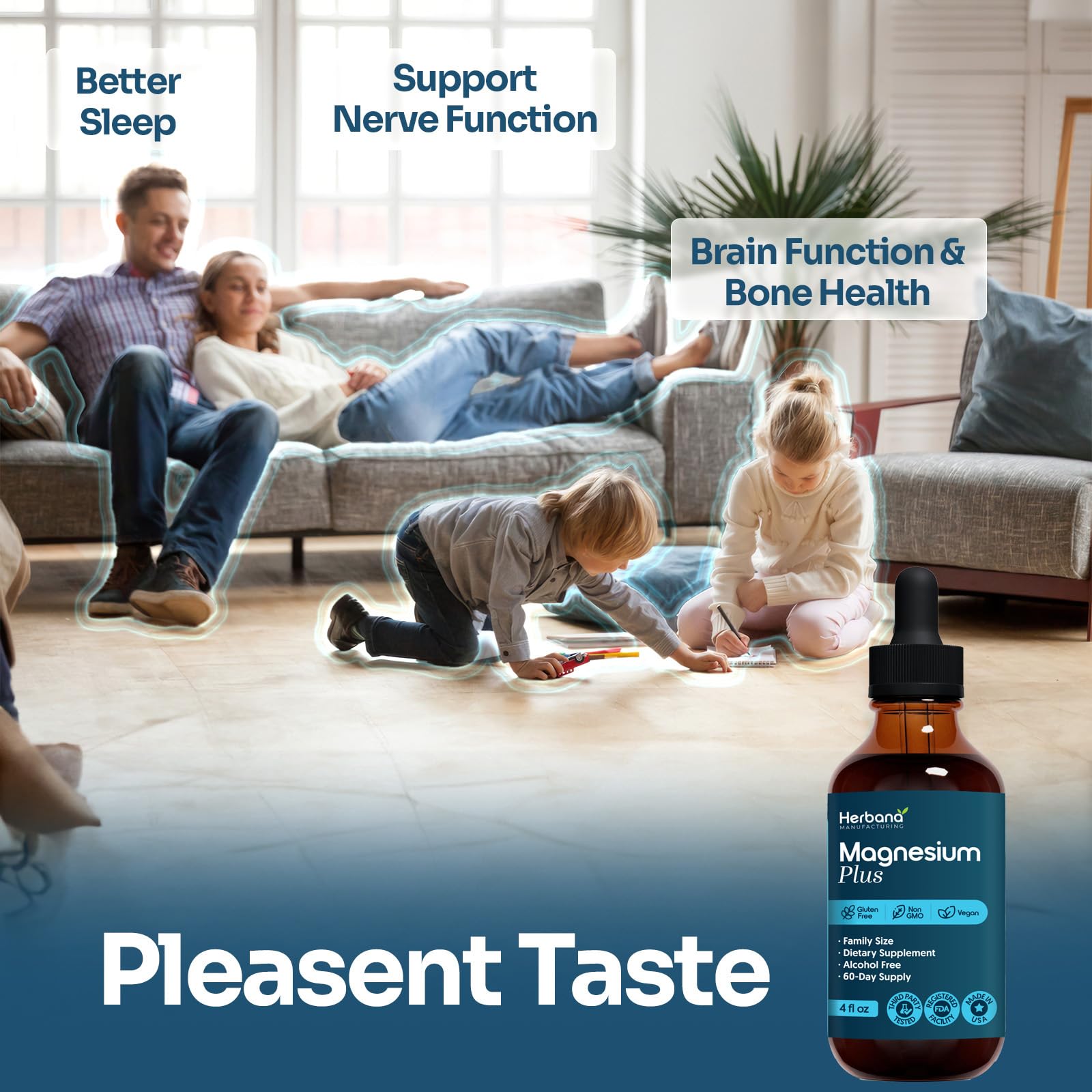 Herbana label highlights B6, D, C vitamins for brain and energy support.