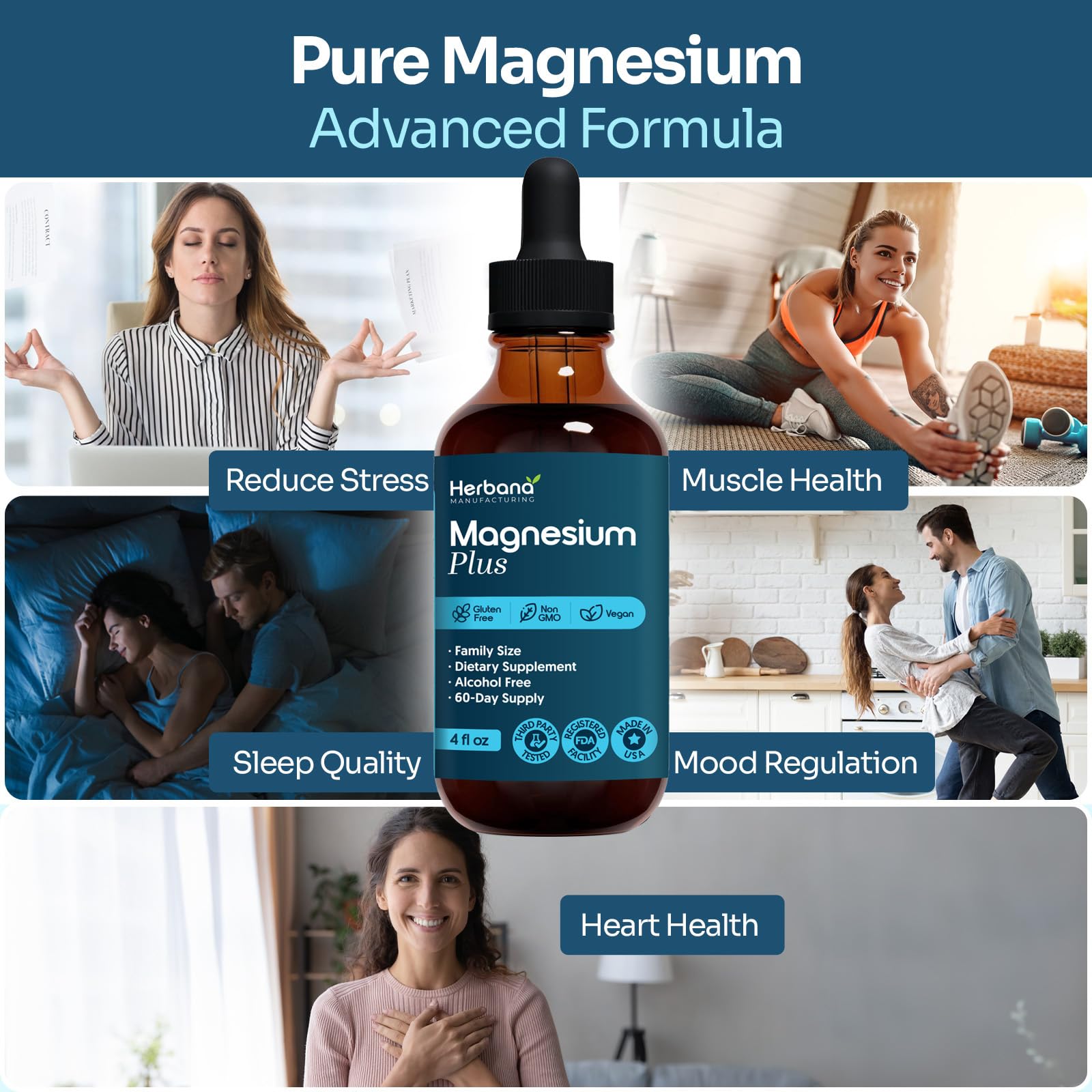 Herbana Magnesium Complex Plus dropper dispensing liquid for easy daily dosing and calm mood.
