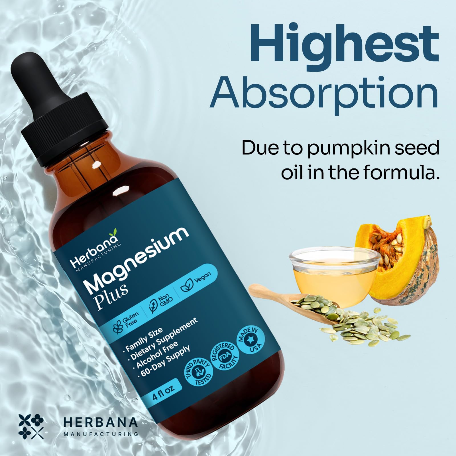 Herbana Magnesium Complex Plus ingredients panel with citrate, glycinate, L-threonate and vitamins B6, D, C.