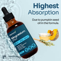 Herbana Magnesium Complex Plus ingredients panel with citrate, glycinate, L-threonate and vitamins B6, D, C.