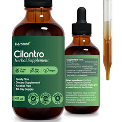 HERBANA cilantro leaf liquid extract bottle pour for calm and daily wellness.
