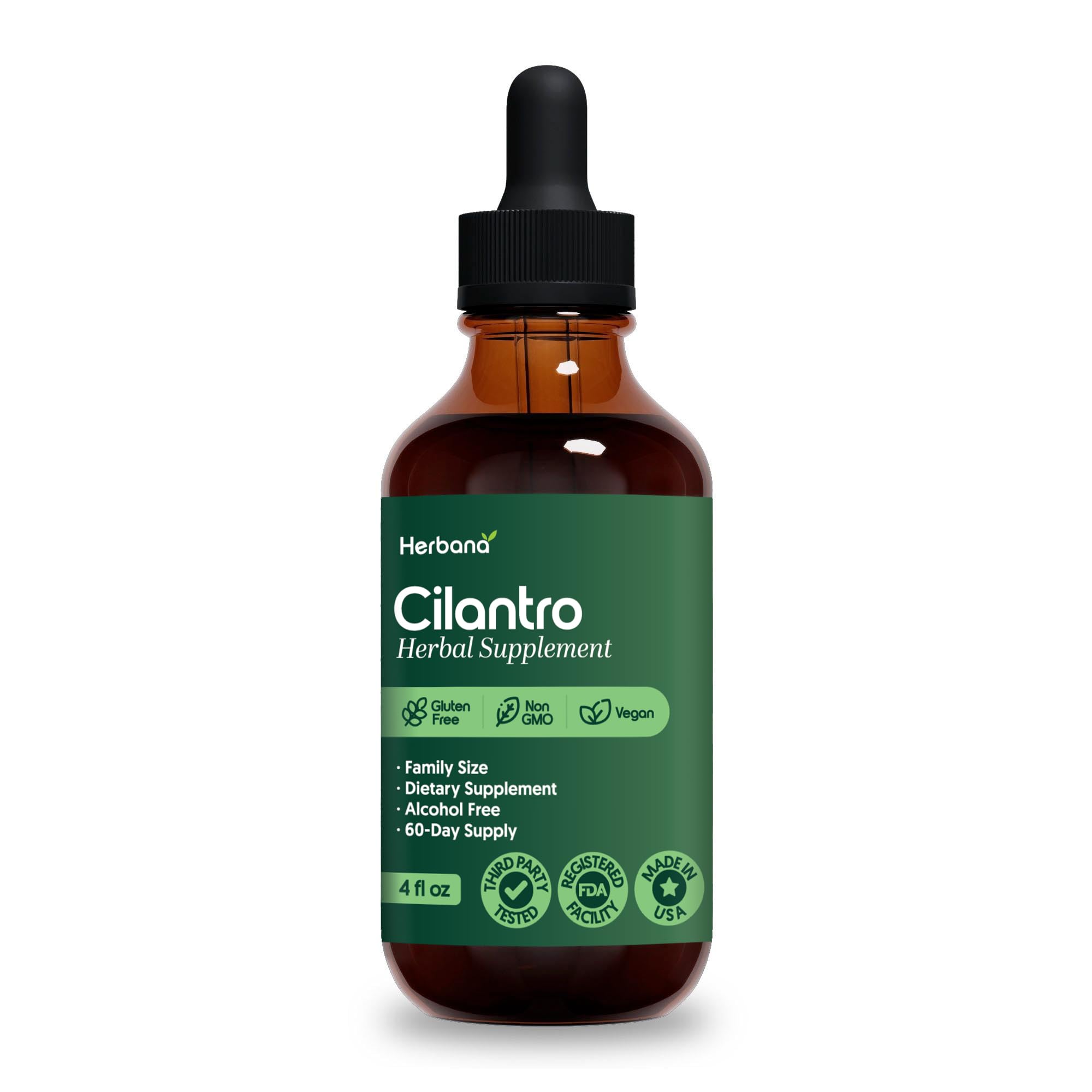 HERBANA clear liquid in bottle represents premium cilantro extract.