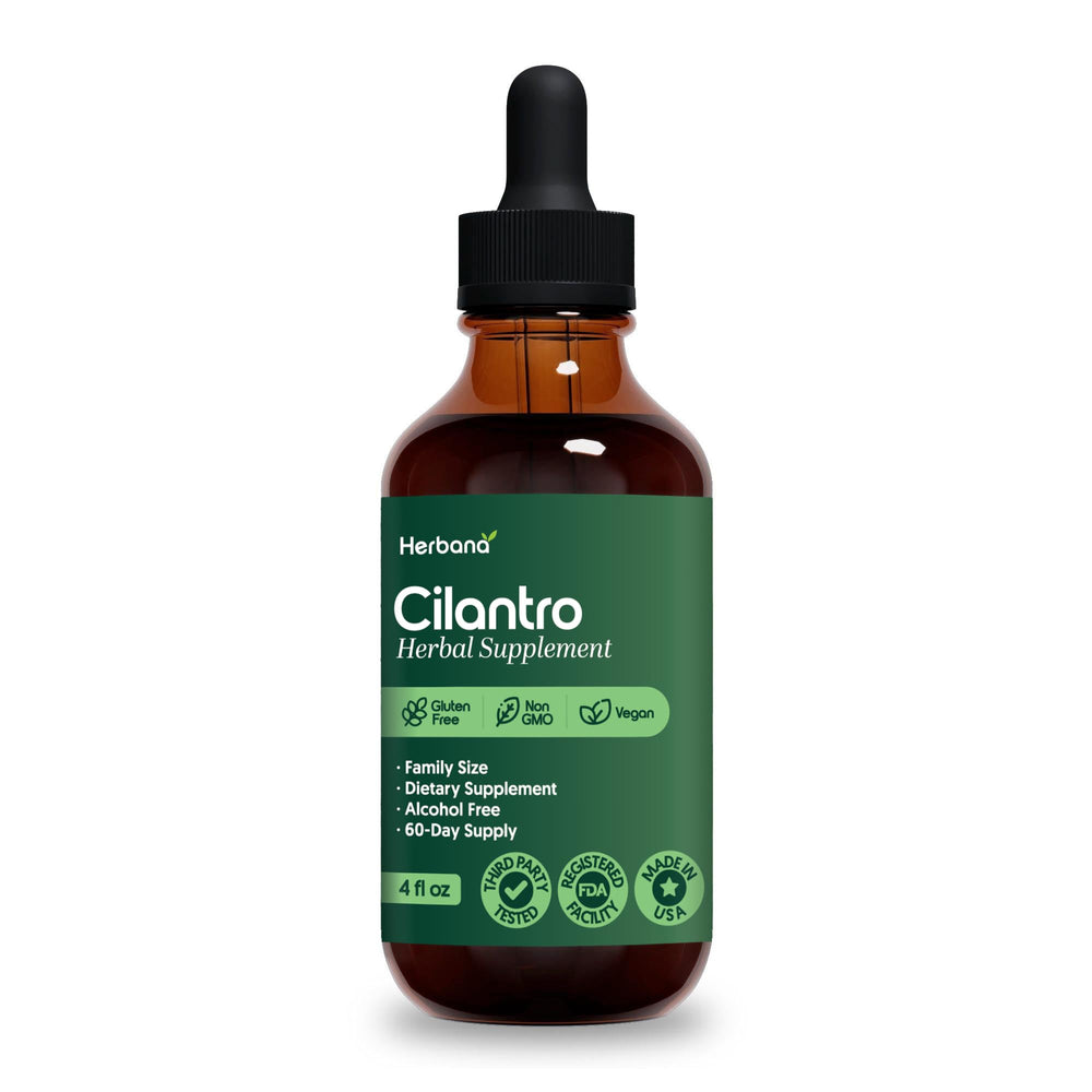 HERBANA clear liquid in bottle represents premium cilantro extract.