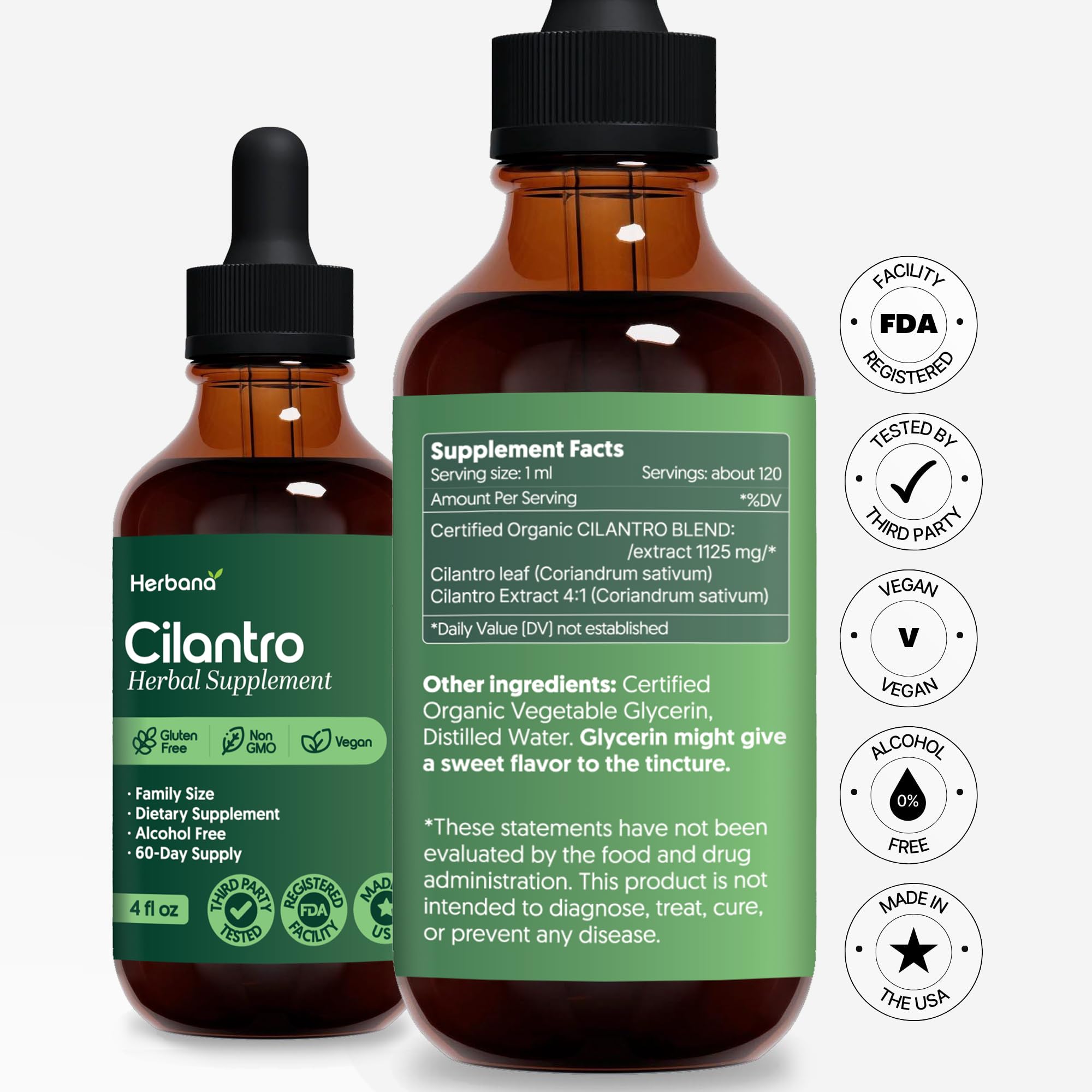 HERBANA cilantro leaf drops front label helps you identify quality.