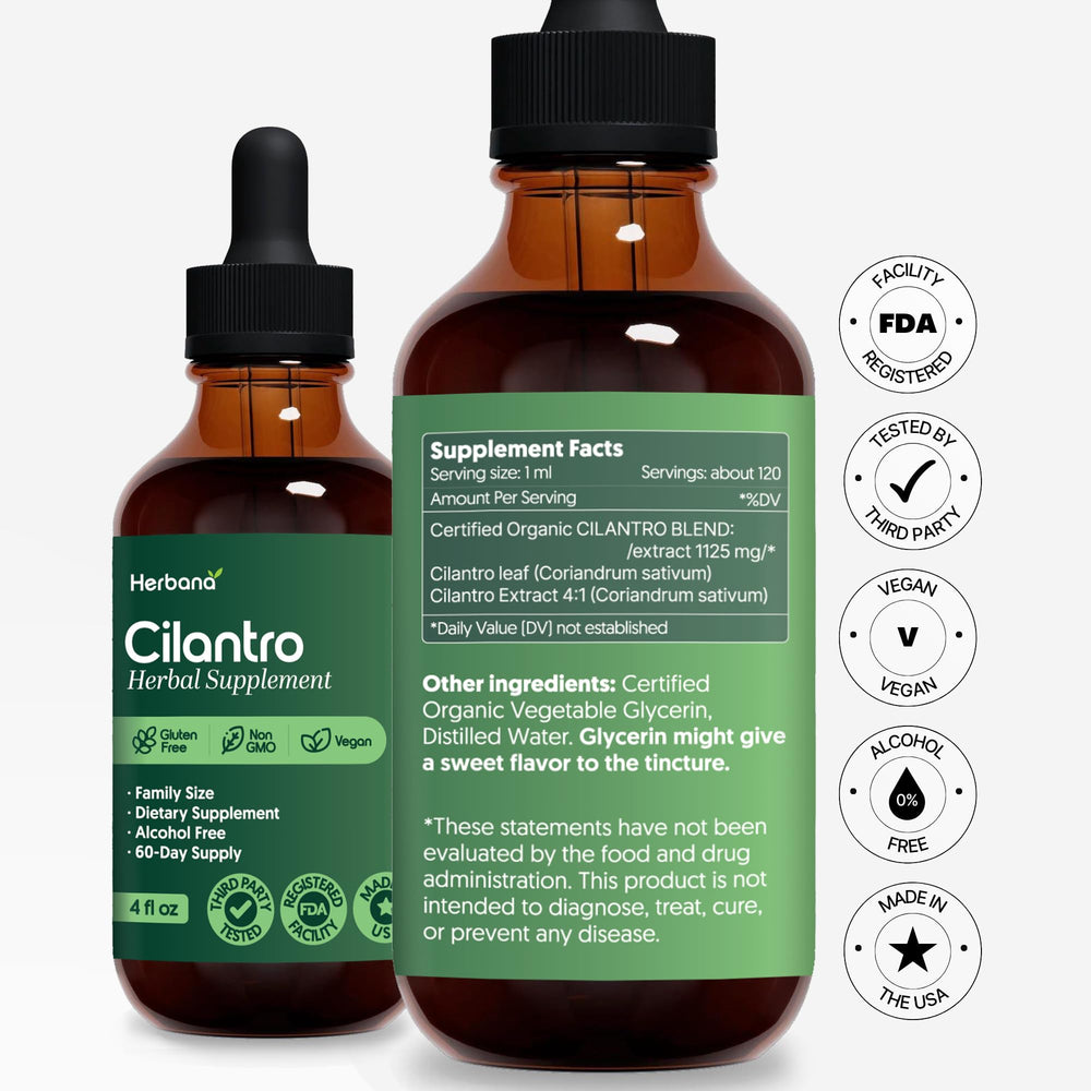 HERBANA cilantro leaf drops front label helps you identify quality.