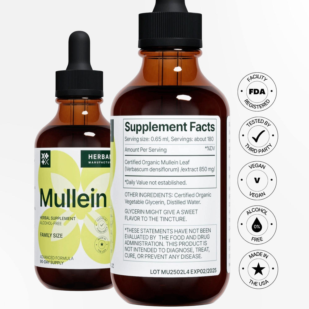 Close-up of the mullein liquid dropper releasing tincture for immune support