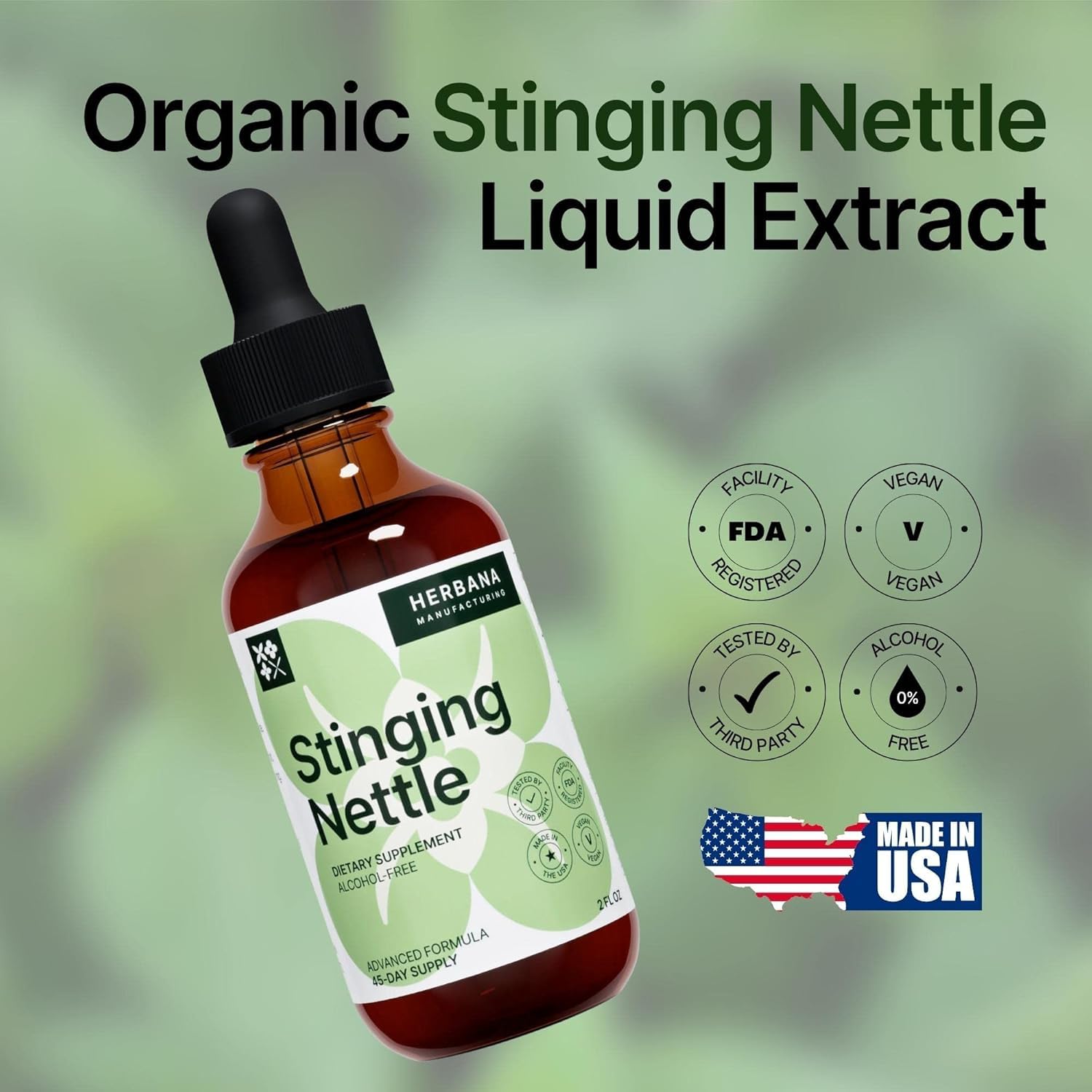 Herbana nettle bottle with glass conveys premium herbal experience