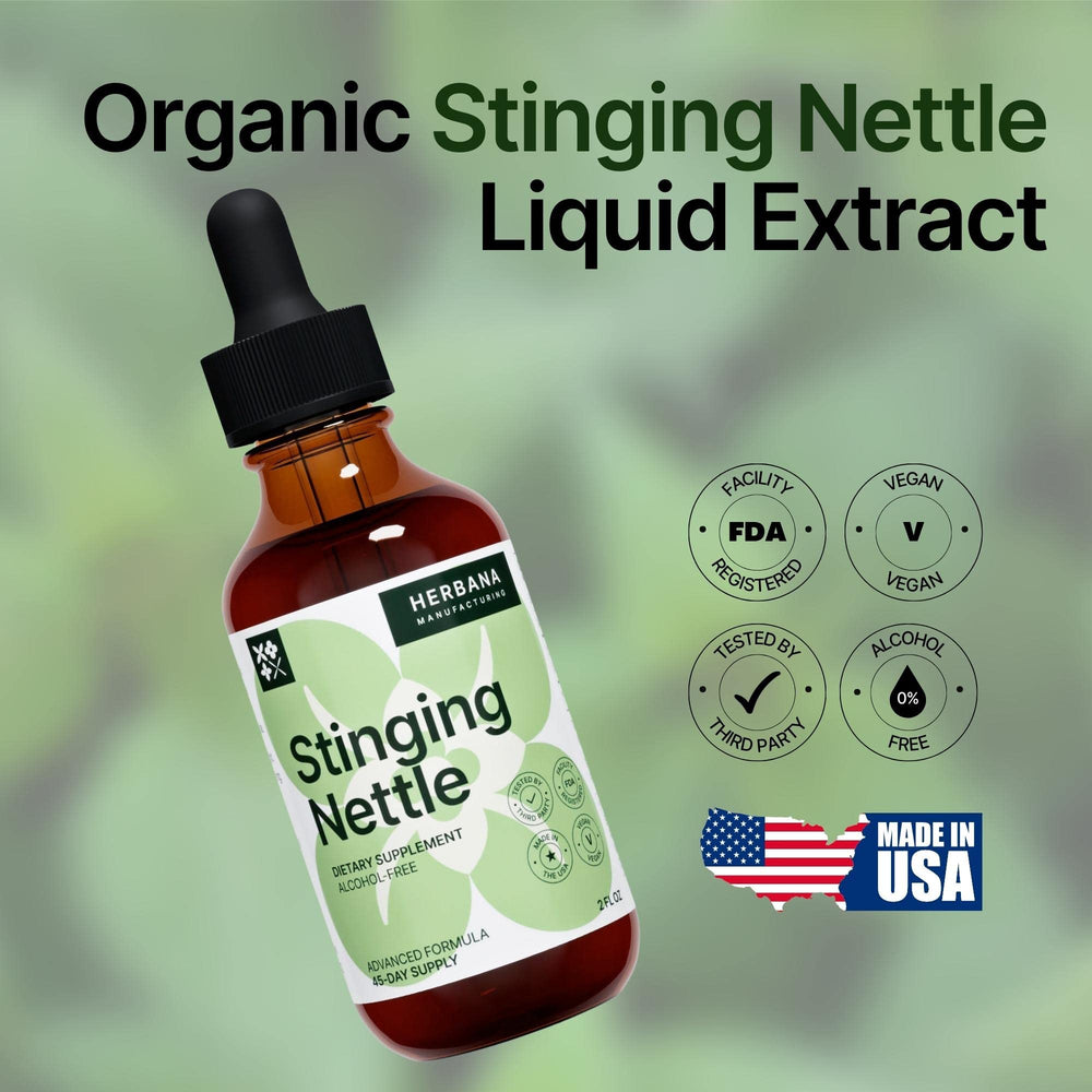 Herbana nettle tincture drops emphasize non-GMO, additive-free formula